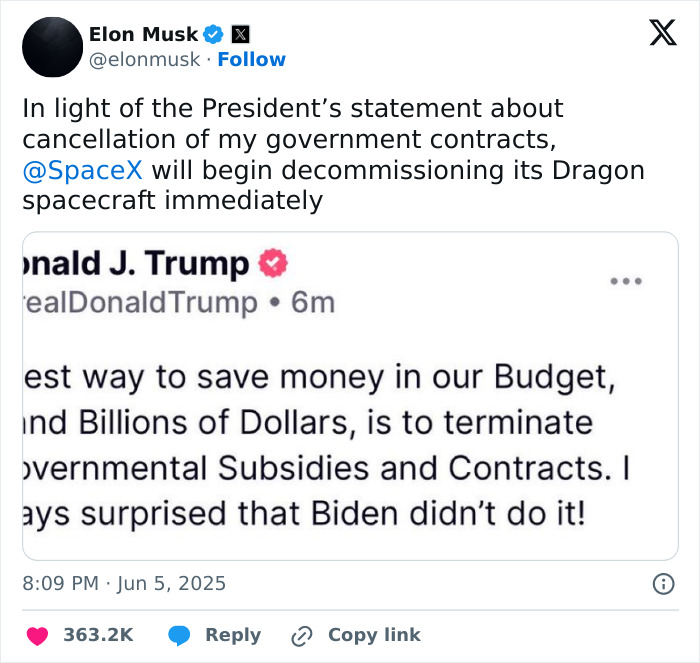Elon Musk tweets about ending SpaceX contracts amid fallout with Donald Trump over Epstein file allegations.