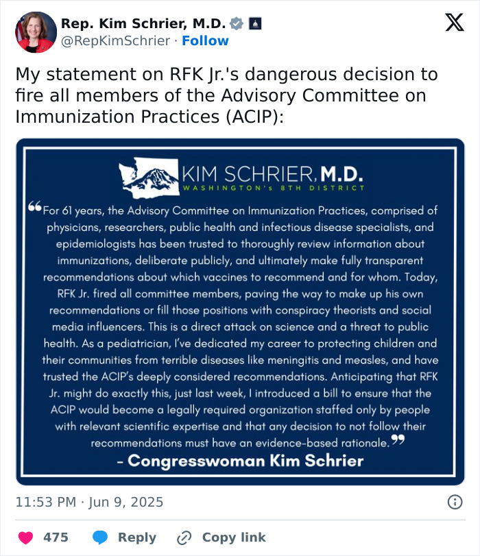 Rep. Kim Schrier shares statement criticizing Robert F Kennedy Jr. for firing CDC vaccine advisory committee members.
