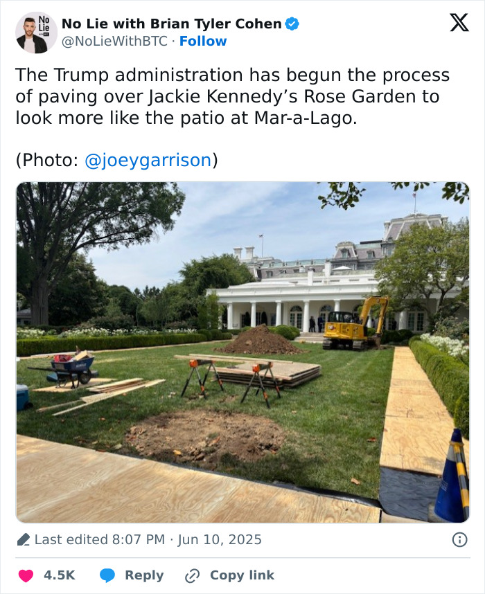 Construction equipment and workers paving the Rose Garden at the Trump White House amid ongoing renovations.