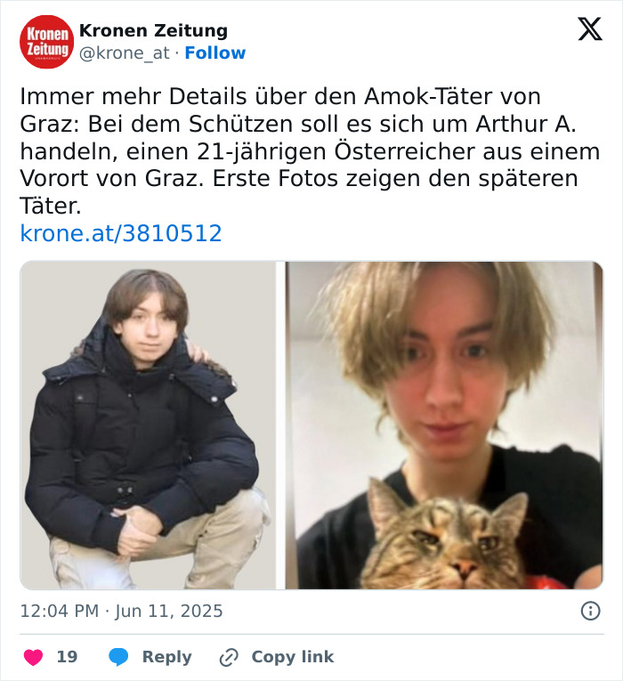 Two images of a young Austrian shooter linked to a tragic event, highlighting delay that made rescue impossible.