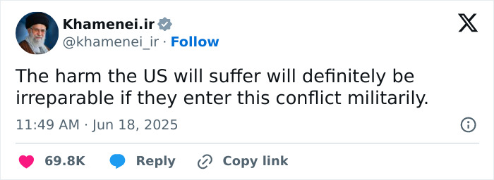 Tweet from Iran&rsquo;s Supreme Leader warning irreparable harm if US joins Israel in conflict, referencing tensions with Trump&rsquo;s attack plan.