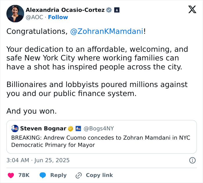 Tweet screenshot showing Alexandria Ocasio-Cortez congratulating Zohran Mamdani on NYC mayoral primary victory.