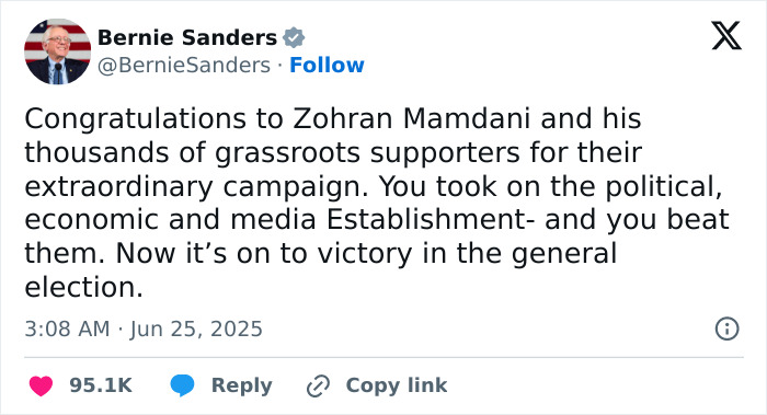Tweet from Bernie Sanders congratulating Democratic Socialist Zohran Mamdani on his NYC mayoral primary victory.