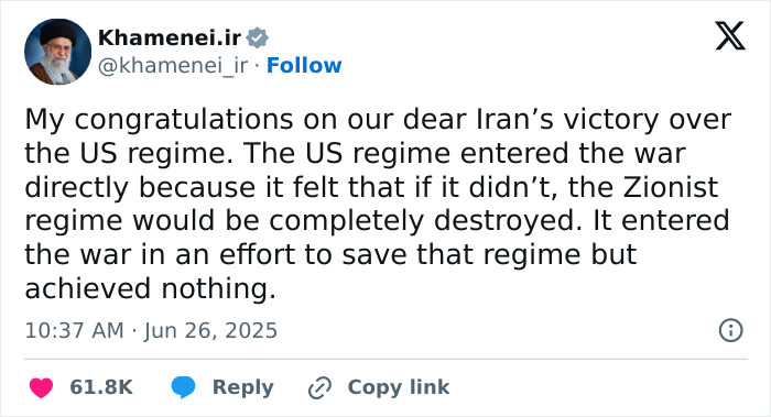 Screenshot of a tweet showing Iran&rsquo;s Supreme Leader delivering a warning to the U.S. in a public statement.