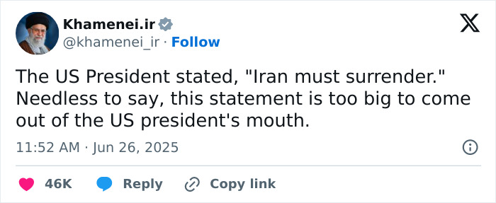 Screenshot of a social media post quoting Iran&rsquo;s Supreme Leader delivering a warning to the U.S. after the ceasefire.