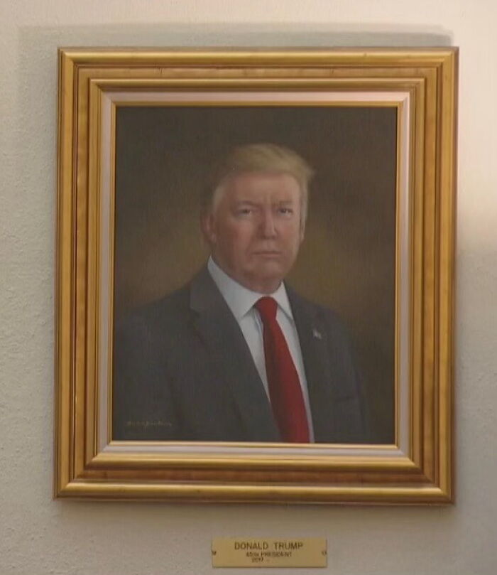 Portrait of Donald Trump in the White House, framed in gold, representing the new Trump portrait unveiled recently.
