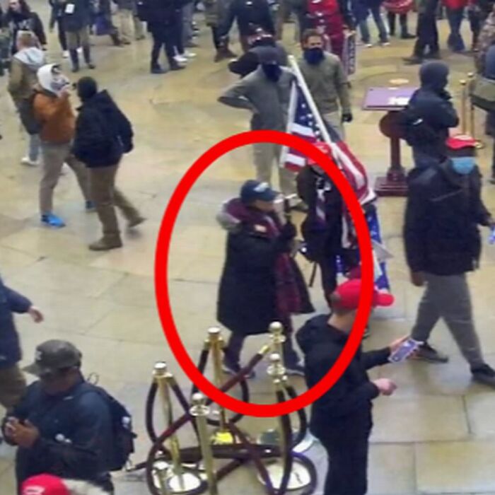 Protester in a crowd holding a flag during the January 6 riot with focus on MAGA granny amid pardon proposal claims.