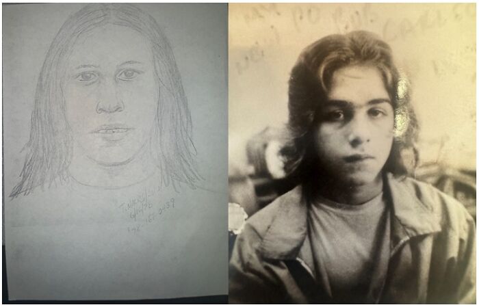 Sketch of a teen identified as killer in decades-old cold case beside a black-and-white photo of a young person.