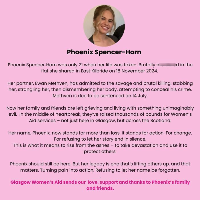 Woman with blonde hair smiling in a circular frame above a tribute text about a tragic murder and beheading case.