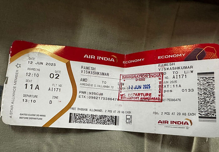Air India boarding pass showing flight details for lone survivor of Air India crash during final moments