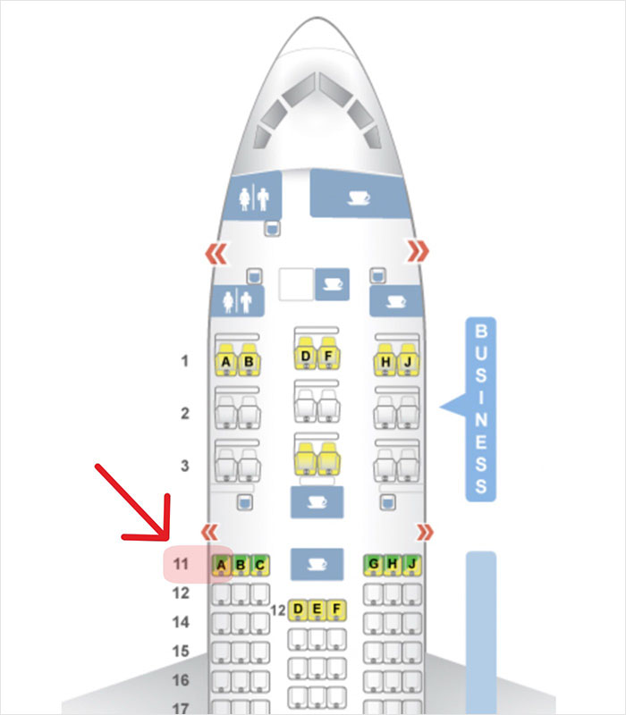 Airplane seating layout highlighting business class seats relevant to Air India crash lone survivor story.
