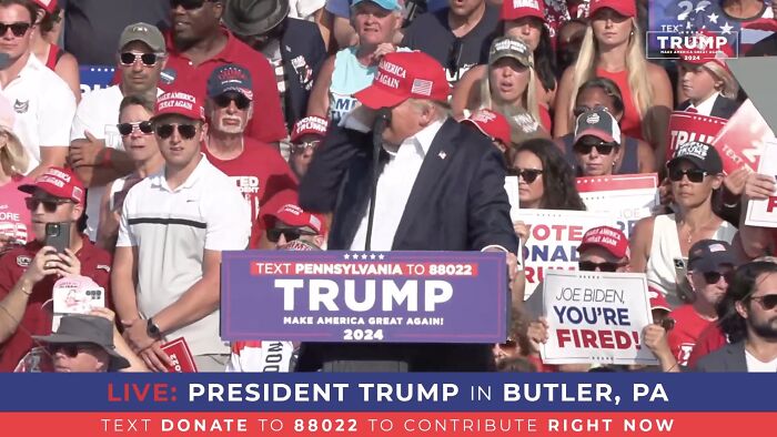 Donald Trump speaking at a crowded rally in Butler, PA, related to never seen before footage of assassination attempt.