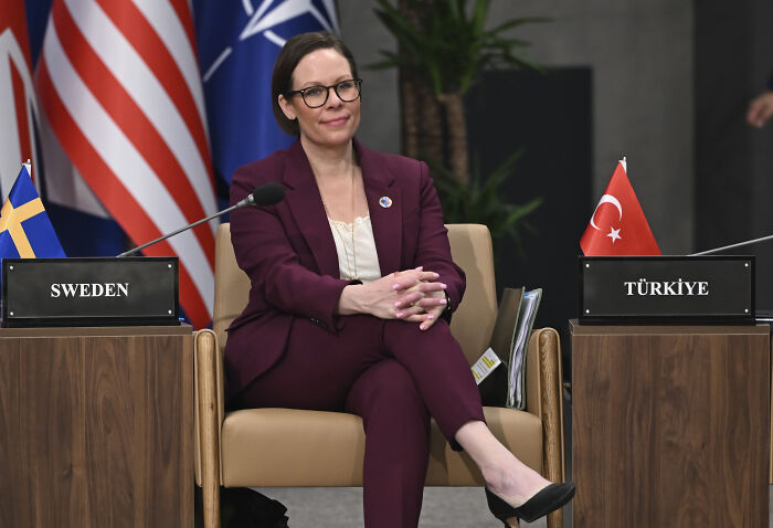 Woman in glasses and maroon suit sitting between Sweden and Turkey flags during an international meeting about Gaza aid blockade.