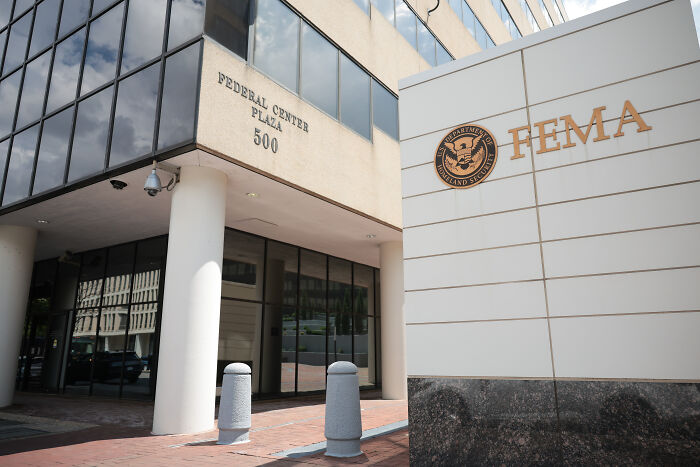 Exterior view of the FEMA Federal Center Plaza building emphasizing FEMA and hurricane season preparedness concerns.