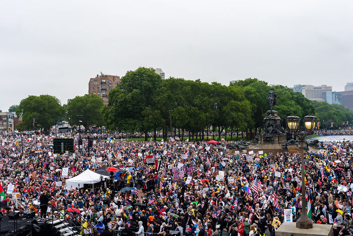 Large crowd rallying under no kings banner in a park, contrasting with low-energy birthday parade criticisms of Trump.
