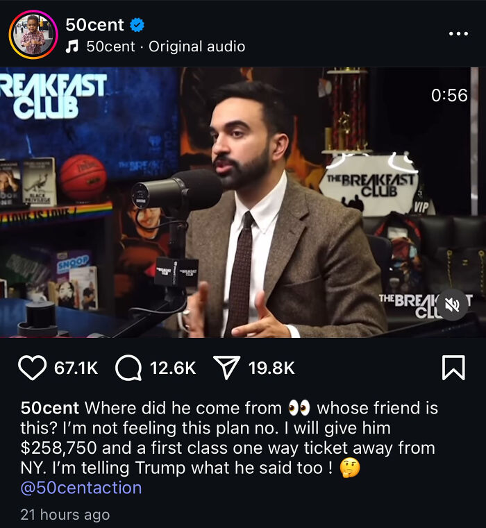 Zohran Mamdani speaking on The Breakfast Club podcast about NYC mayoral tax plan and 50 Cent's offer.