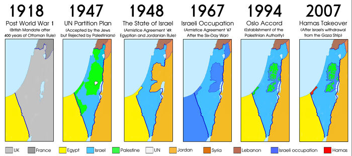 Map series showing territorial changes of Israel and Palestine from 1918 to 2007, highlighting deadly wars and humanitarian crises hotspots.