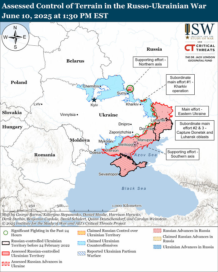 Map showing assessed control and advances in the Russo-Ukrainian war highlighting deadly wars and humanitarian crises hotspots.