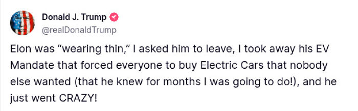 Screenshot of Donald J. Trump&rsquo;s tweeted response referencing Elon Musk and electric vehicle mandates amid Epstein files controversy.