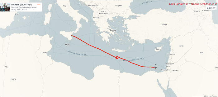 Map showing the Gaza-bound Freedom Flotilla route intercepted by Israel near Gaza involving Greta Thunberg.