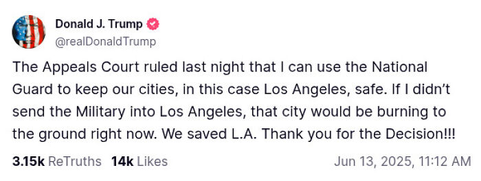 Donald Trump tweets about Appeals Court halting judge&rsquo;s ruling on National Guard control in California to keep Los Angeles safe.
