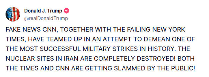 Screenshot of Donald Trump&rsquo;s tweet defending U.S. Iran strikes, insisting nuclear sites were completely destroyed.