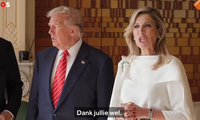 Donald Trump showing facial expressions while standing next to Dutch Queen during live TV appearance.