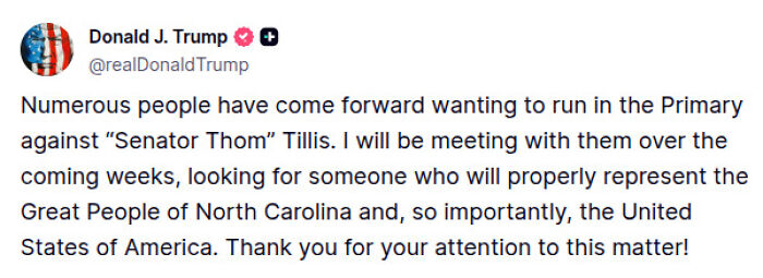 Screenshot of Donald Trump&rsquo;s tweet discussing Senate vote-a-rama and GOP senator quitting after political pressure.