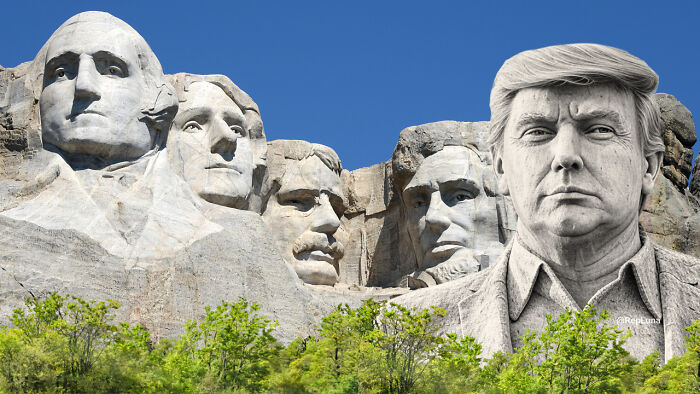 Mt Rushmore featuring presidential faces and a new GOP proposal carving of Donald Trump on the monument.