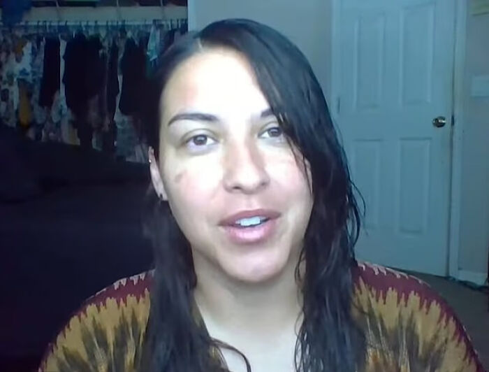 Woman with wet hair speaking in a casual room setup discussing boy ate in teacher&rsquo;s classroom issues fitting in case.