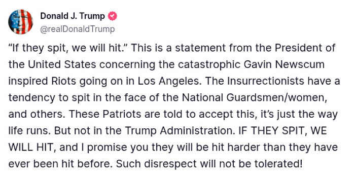 Screenshot of Donald Trump tweet addressing Los Angeles riots and mentioning California Governor Gavin Newsom amid arrest discussion.