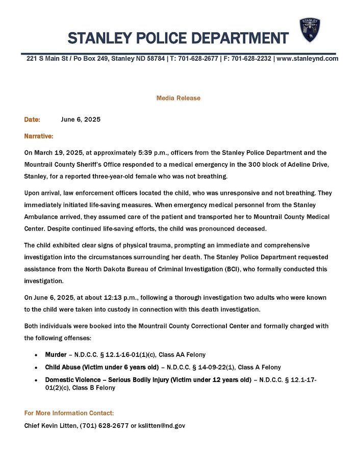Stanley Police Department media release about foster parents charged in death of 3-year-old girl with autism case.