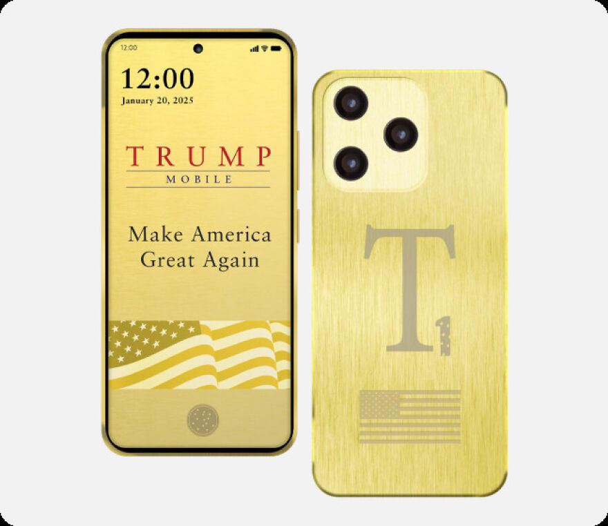 Gold Trump Organization phone front and back views, featuring Make America Great Again slogan and American flag design.
