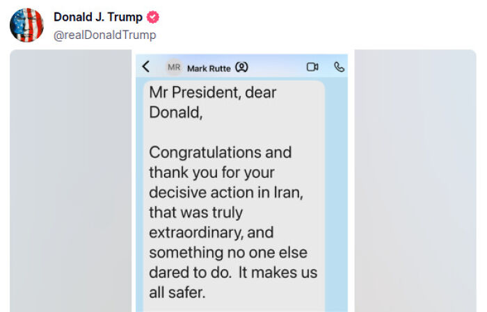 Screenshot of Donald Trump reacting to NATO leader Mark Rutte calling him daddy in a social media message.