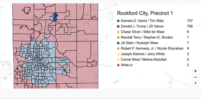 Map of Rockford City voting precincts showing election results by candidate, highlighting political divisions in a US town.