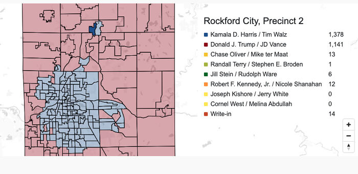 Map showing Rockford City voting precinct results with color-coded candidates and their vote counts in a US town.