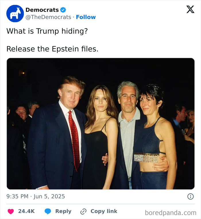 Donald Trump posing with Ghislaine Maxwell, Jeffrey Epstein, and another woman at a formal event, raising pardon discussion.