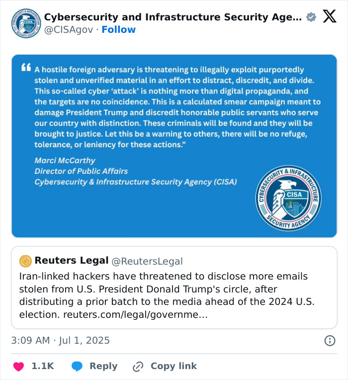 Tweet from CISA warning about hackers threatening to expose stolen emails of Trump staff in a cyberattack campaign.