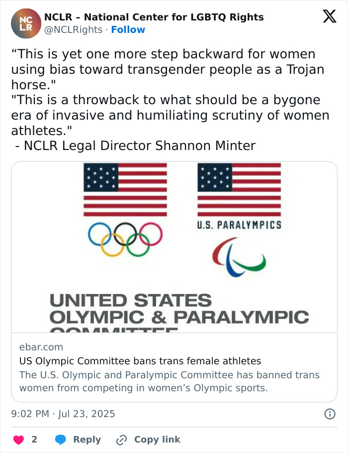 Tweet from National Center for LGBTQ Rights about US Olympic Committee banning trans female athletes amid anti-trans agenda.