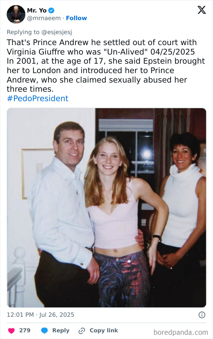 Photo of three people indoors with light-colored walls, highlighting Epstein and Virginia Giuffre related to Mar-A-Lago claims.