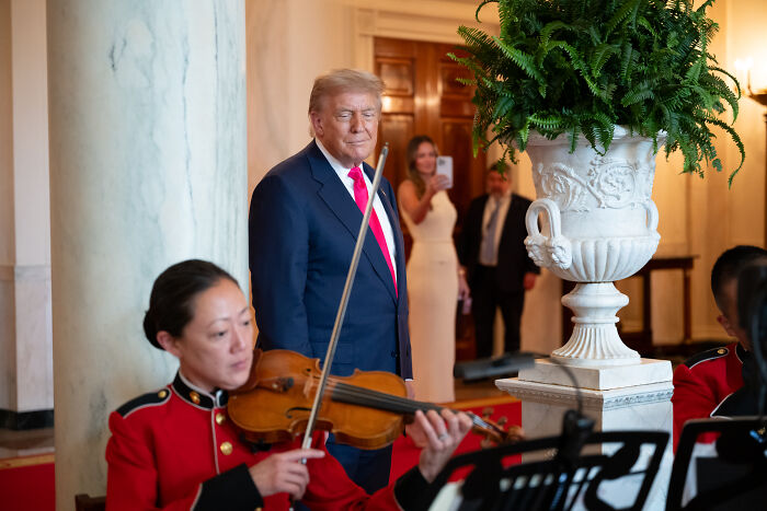 Donald Trump observing a violinist playing in a formal setting, reflecting on moments that move him to tears.