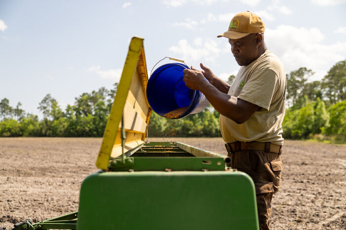 Agricultural worker planting seeds in a field, highlighting agriculture secretary's suggestion on Medicaid recipients and farmworkers.