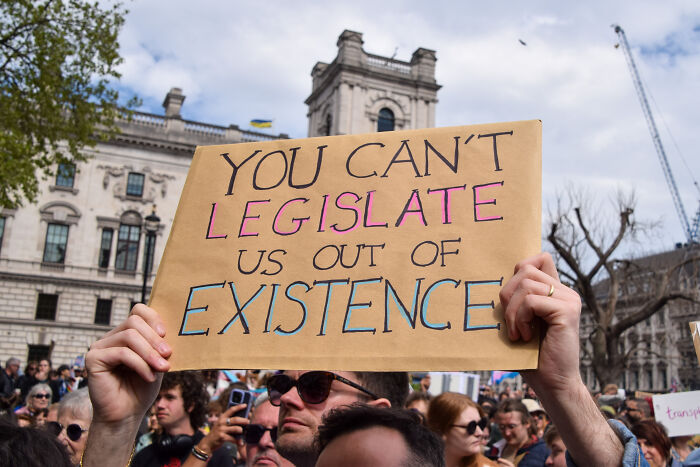 Protest sign against anti-trans legislation held by a person in a crowded public demonstration.
