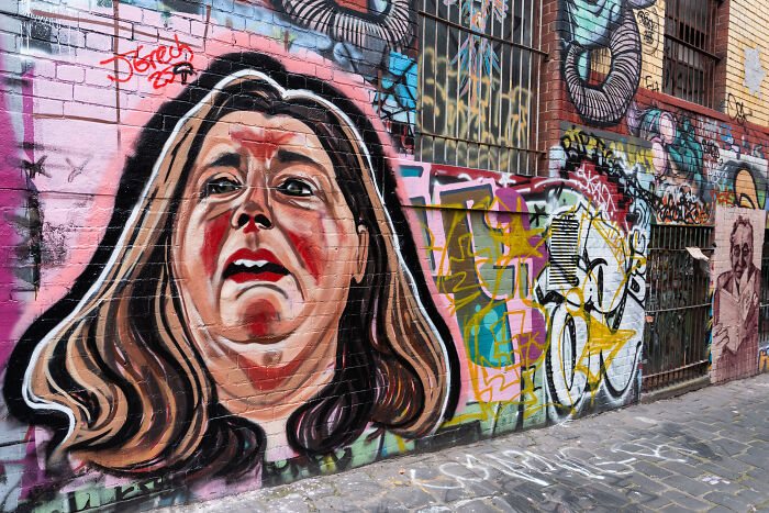 Mural of a woman with a distressed expression on a graffiti-covered urban wall highlighting mushroom poisoning case.