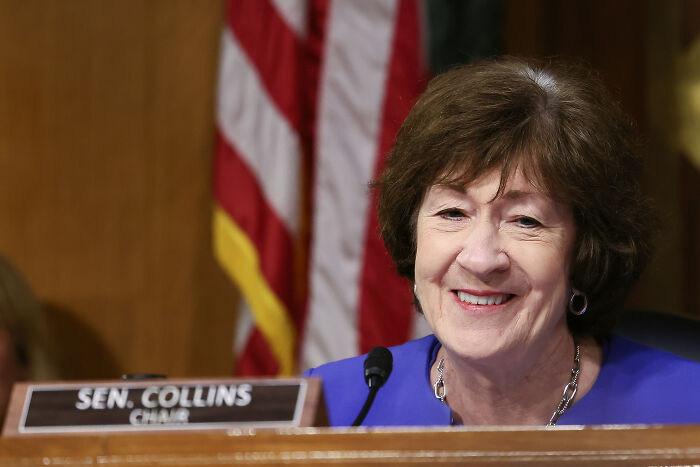 Senator Collins speaking at a committee hearing as Senate discusses cuts package including foreign aid and public broadcasting.