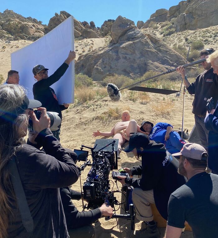 South Park on-set photo showing a film crew shooting Donald Trump&rsquo;s tiny manhood scene outdoors in a rocky desert location.