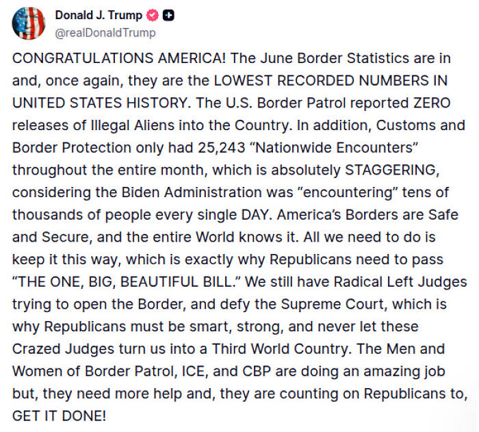 Tweet by Donald Trump discussing U.S.-Mexico border statistics and mentioning border security and asylum policies.