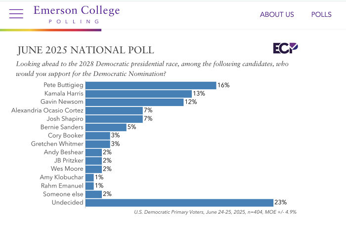 Pete Buttigieg leads 2028 Democratic primary poll as first openly gay candidate with 16% support in national survey.