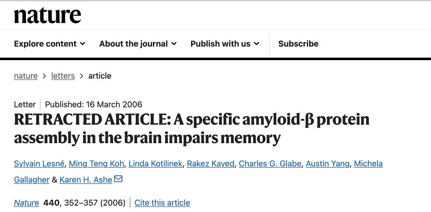 Screenshot of a Nature article showing a retracted study on amyloid-&beta; protein linked to Alzheimer&rsquo;s research concerns.