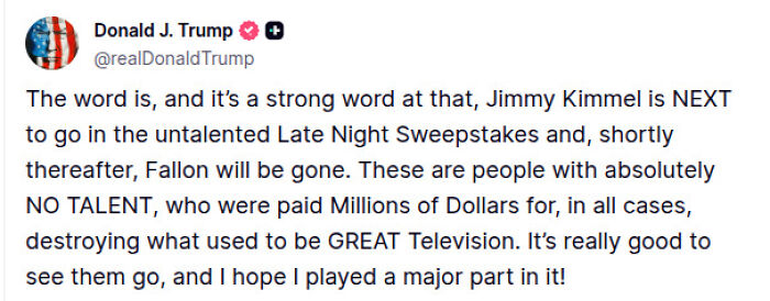 Screenshot of Donald Trump&rsquo;s tweet targeting late night TV hosts Jimmy Kimmel and Fallon, criticizing their talent and future.